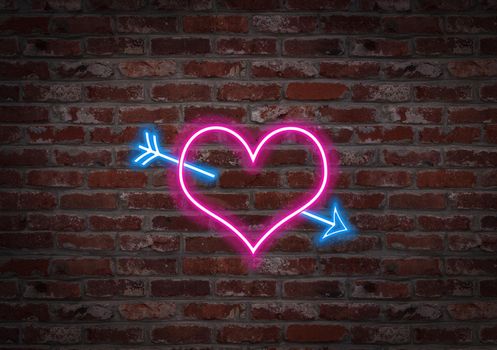 The Hearth pierced by an arrow. Shape light neon on a brick wall
