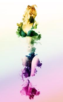 Colorful vaporization of a Sensual blonde girl in underwear