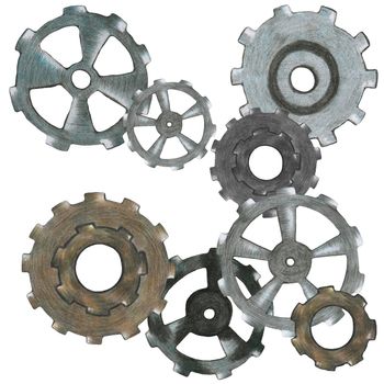 Grey and Brown Gear Composition Isolated on White Background. Steampunk Gears in Motion.