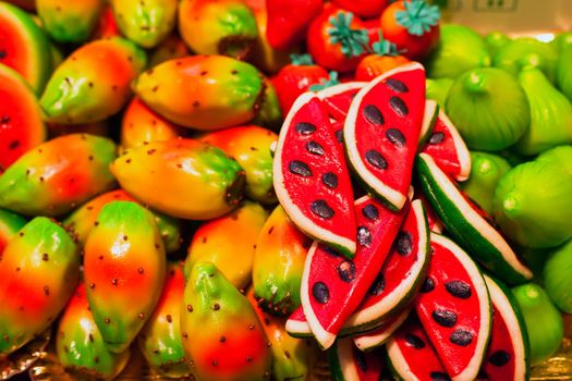 Close up of marzapane or martorana fruits