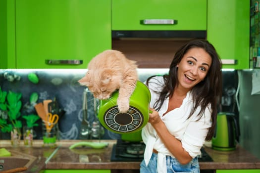 A cheerful woman is holding a saucepan in which a ginger cat is sitting. A funny situation the cat climbs out of the pan. Domestic life of animals and people