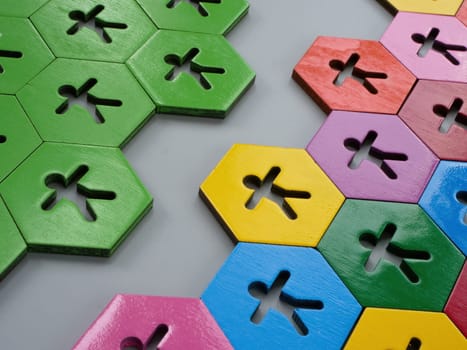 Hexagons with figures of the same color and multicolored as a symbol of diversity.