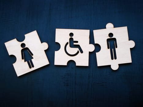 Puzzle pieces with female, male figures and disability person. Inclusion concept.