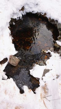 The spring makes its way out of the ground in winter. Clean drinking water. There are rocks, snow, coniferous trees all around. Ice in places. Bubbles rise to the surface. A stream of clear water