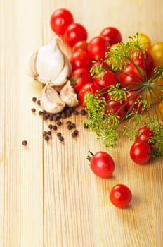 cherry tomatoes, garlic, spices, a fennel branch on a kitchen board