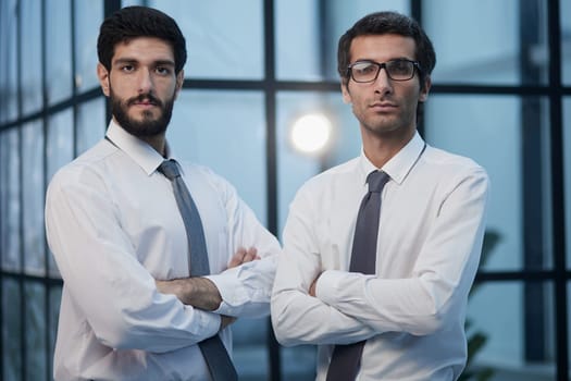 business people stand in front of the office