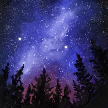 Hand drawn illustration of night stars in forest wood mountains hills, dawn woodland. Dark scene landscape, oil painting texture, sunset outdoor adventure, nature design mist fog panorama light, pine fir trees