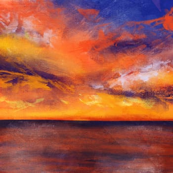 Hand drawn illustration of sea ocean water surface orange sunset, shiny shimmer reflection, sunrise sunset cold blue waves concept, clear summer travel, oil paint texture