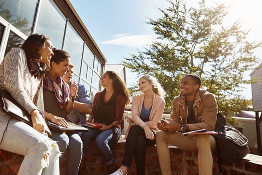 We learn and remember so much more in a group. a group of students studying outside on campus