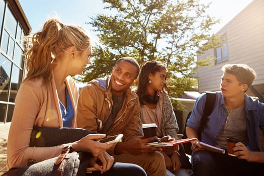 Sharing knowledge and information. a group of students studying outside on campus