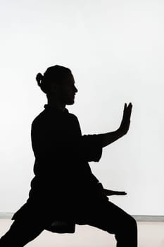 Silhouette of a person practicing qigong energy exercises on a light background.