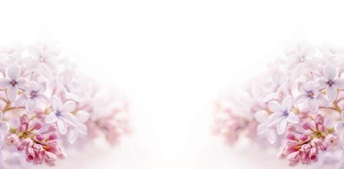 Flowers background. Soft focus image of lilac flowers on white background in the style of soft and dreamy pastels. AI generated