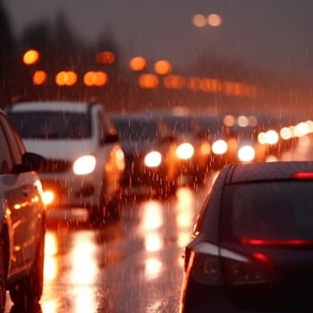 Traffic jam heavy on highway on rainy day with raindrops on car glasses. blurred background, motion blur, evening peak hour