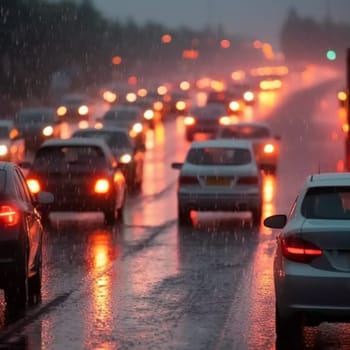 Traffic jam heavy on highway on rainy day with raindrops on car glasses. blurred background, motion blur, evening peak hour