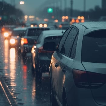 Traffic jam heavy on highway on rainy day with raindrops on car glasses. blurred background, motion blur, evening peak hour