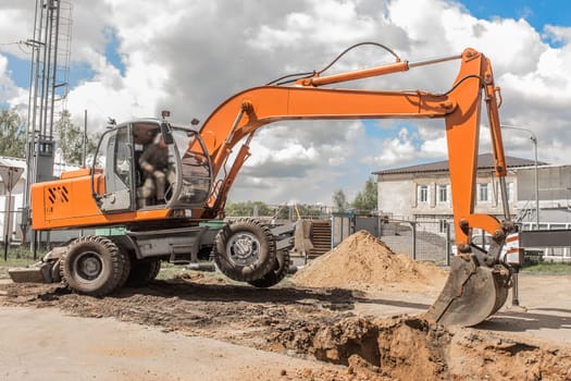 Excavator Industrial Heavy Machine Digging Equipment Mechanical Hydraulic Stability Balance Stabilization on Construction Site Work.