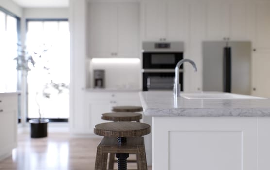 Large white kitchen with island and all necessary appliances. 3d rendering. Emphasis on a stone top with white marble, in the background is an oven, a sink from a mixer and a refrigerator.