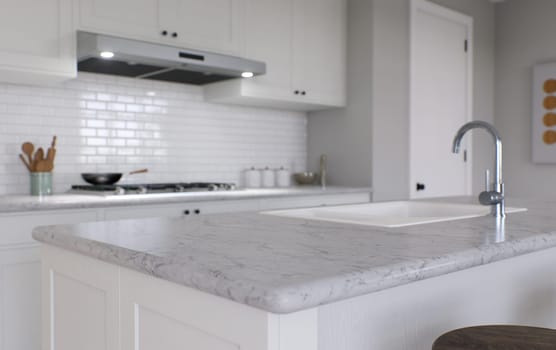 Large white kitchen with island and all necessary appliances. 3d rendering. Emphasis on a stone countertop with white marble, in the background a kitchen apron and stove.