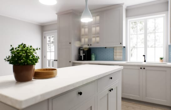 Spacious bright kitchen with a blue apron and blue chairs. 3d rendering. Focus on the marble countertop against the backdrop of kitchen appliances and utensils.