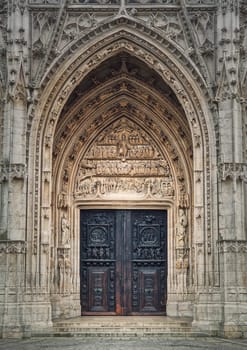 Saint Maclou Church entrance door, Rouen in Normandy, France. Flamboyant gothic architectural style