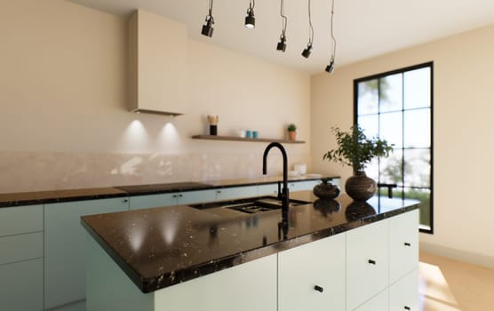 Modern spacious bright kitchen with sunlight and dark accents. 3d visualization. A green kitchen with minimal fronts, black bar stools, an island with drawers and kitchen utensils.