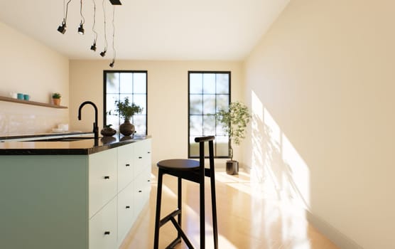 Modern spacious bright kitchen with sunlight and dark accents. 3d visualization. A green kitchen with minimal fronts, black bar stools, an island with drawers and kitchen utensils.