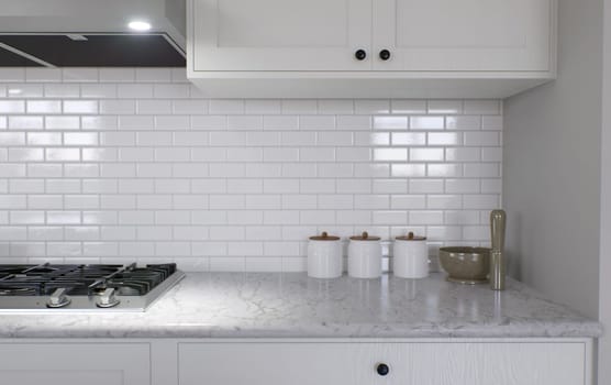 Large white kitchen with island and all necessary appliances. 3d rendering. Kitchen work area, with utensils.