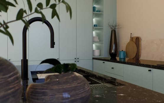 Modern spacious bright kitchen with sunlight and dark accents. 3d rendering. Dark kitchen faucet and dark countertop in a light kitchen.