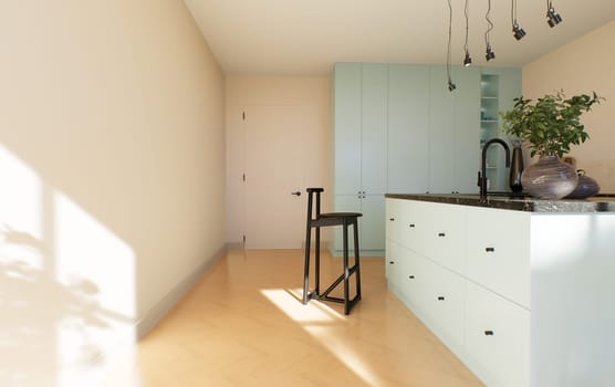 Modern spacious bright kitchen with sunlight and dark accents. 3d visualization. A green kitchen with minimal fronts, black bar stools, an island with drawers and kitchen utensils.