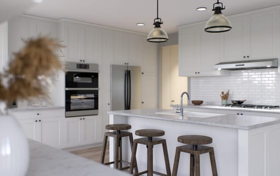 Large white kitchen with island and all necessary appliances. 3d rendering. Wooden bar stools, chandelier above the island, large tall cabinets.