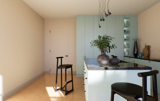 Modern spacious bright kitchen with sunlight and dark accents. 3d visualization. A green kitchen with minimal fronts, black bar stools, an island with drawers and kitchen utensils.