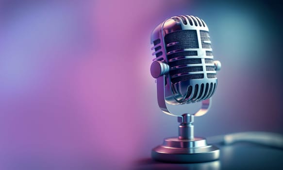 Professional microphone with pink purple background banner, Podcast or recording studio background copy space space for text