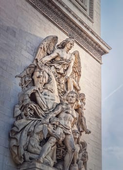 Closeup architectural details of the triumphal Arch, Paris, France. La Resistance de 1814 adorns a pillar of the Arc de Triomphe