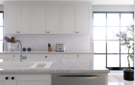 Large white kitchen with island and all necessary appliances. 3d rendering. The accent is on the stone top with white marble, the washer is located on the island.