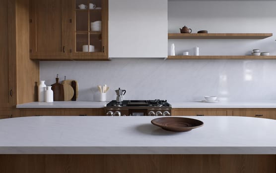 Spacious wooden kitchen with white marble. 3d rendering. A clean kitchen surface, appliances and kitchen utensils in the background.