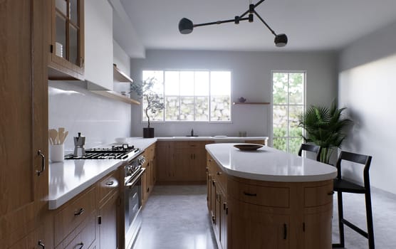 Spacious wooden kitchen with white marble. 3d rendering. Kitchen with rounded island and black wooden bar stools. Kitchen with appliances and utensils.