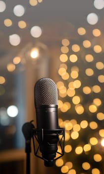 studio microphone in neon lights. sound recording equipment on bokeh background. Podcast,recording music concept microphone copy space