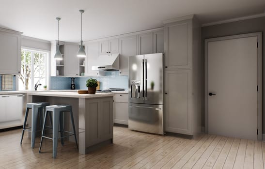 Spacious bright kitchen with a blue splashback and metallic blue bar stools. 3d rendering. Kitchen with large fridge hood and island.