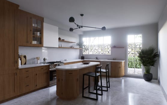 Spacious wooden kitchen with white marble. 3d rendering. Kitchen with rounded island and black wooden bar stools. Kitchen with appliances and utensils.