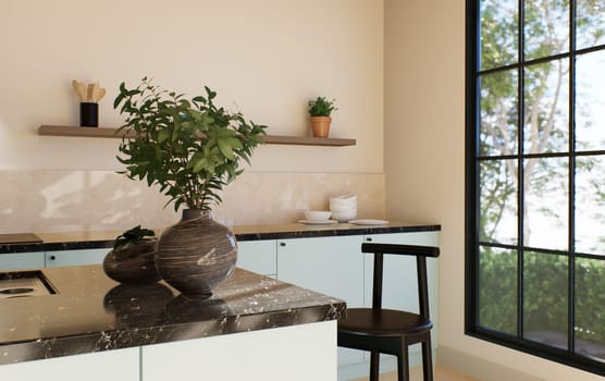 Modern spacious bright kitchen with sunlight and dark accents. 3d visualization. A green kitchen with minimal fronts, black bar stools, an island with drawers and kitchen utensils.