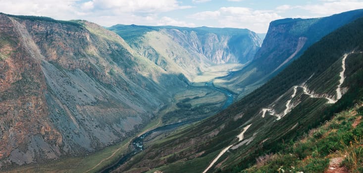 Panorama of the Katu Yaryk mountain pass and the valley of the river of Chulyshman. Altai Republic, Russia, beautiful summer day