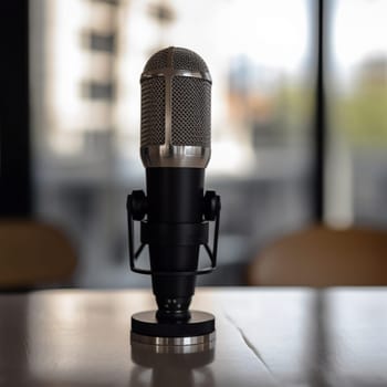 Sound and voice recording studio with nobody for podcast. Vintage style microphone and tools for record in room with noise reduction and resonance absorb foam wall in background for good acoustic with copy space. work