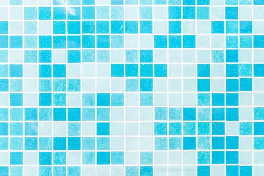 Aqua Blue Ceramic Tile Mosaic Abstract Pattern Square Design Bath or Pool Texture Background, Soft Focus.