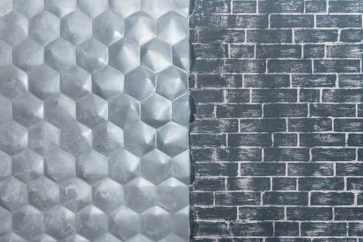 Honeycomb pattern abstract gray background and blue brick texture hexagonal geometric shape wall design modern interior.