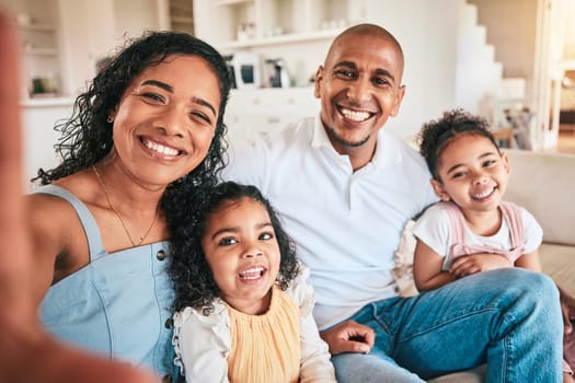 Happy family, portrait and smile for selfie, photo or profile picture on a sofa in their home. Love, face and photograph pf children with parents in a living room, excited and bonding on the weekend.