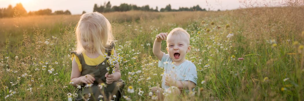 A little boy and a girl are picking flowers in a chamomile field. The concept of walking in nature, freedom and a healthy lifestyle.