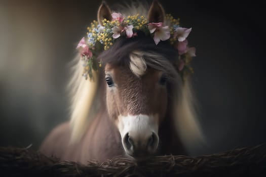 Cute brown horse, in a floral wreath on his head, on a dark background. Ai generative. Copy space