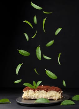 A piece of tiramisu sprinkled with cocoa, flying green mint leaves over the dessert