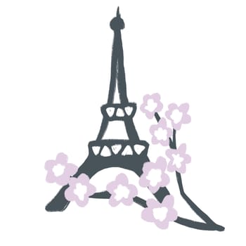 Hand drawn illustration with eiffel tower cherry blossom flowers on blue background. Paris french france parisian city fabric print, spring springtime flower floral design, tourist attraction vacation europe