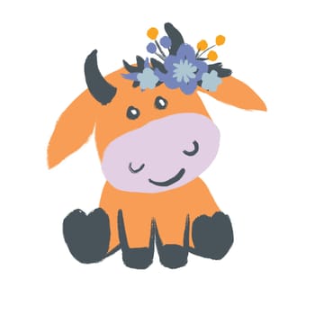 Hand drawn illustration with cute orange blue cows. Funny farm animals with floral flowers, kids children nursery decor, nature farmhouse cottagecore beef bull milk cattle, domestic farm